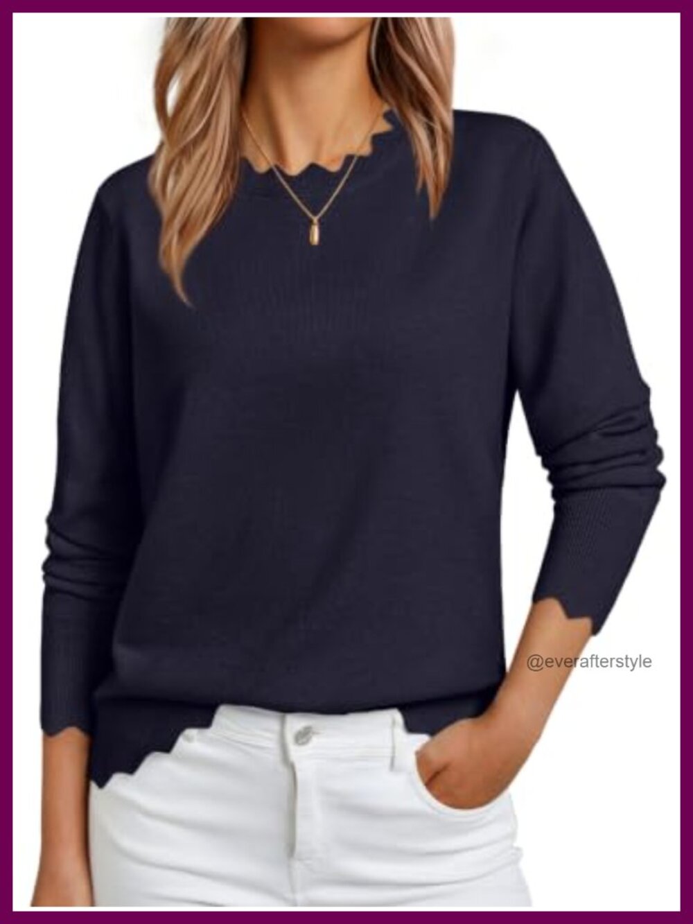 Lightweight Loose Fit Scallop Trim Crew Neck Pullover Sweater
